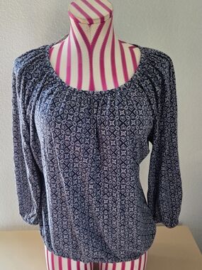 Michael Kors Navy Geometric Long Sleeve Scoop Neck Top